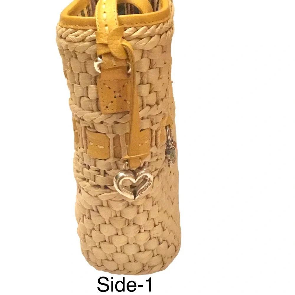Brighton Carmella Straw Crossbody Yellow Leather Trim Medium Bucket Shoulder Bag